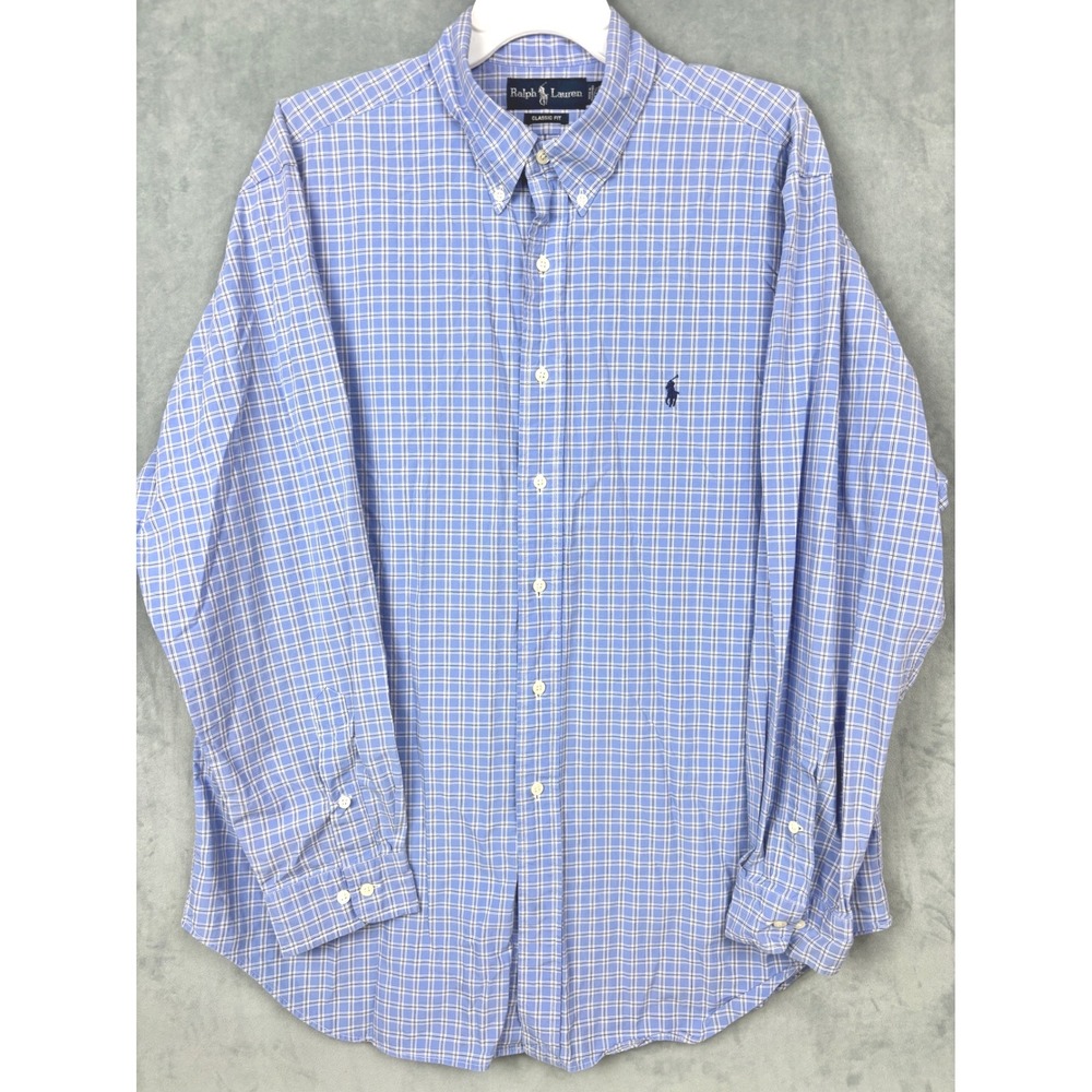 Ralph Lauren Classic Fit Blue White Plaid Button Down Shirt Mens 17.5 34/35 XL